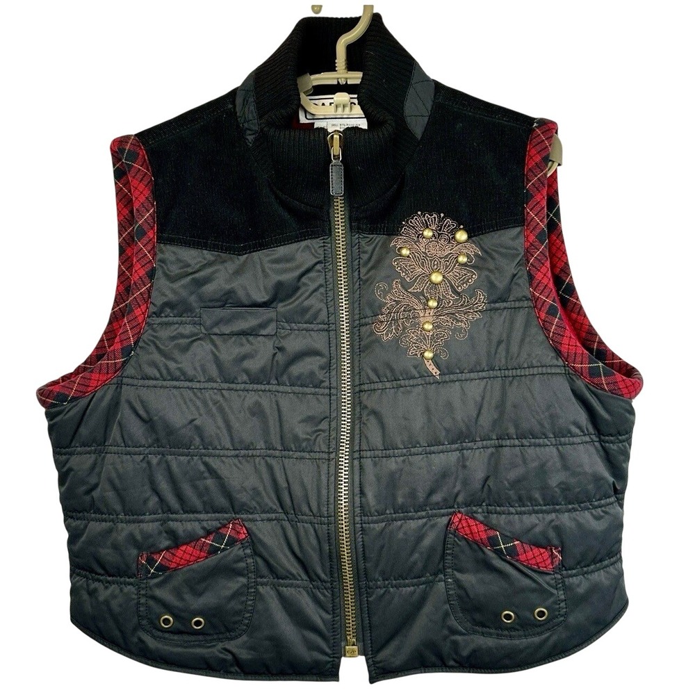 Carlisle Vest Women's 16 Quilted Black Red Tartan Studded Decorative Stitching‎